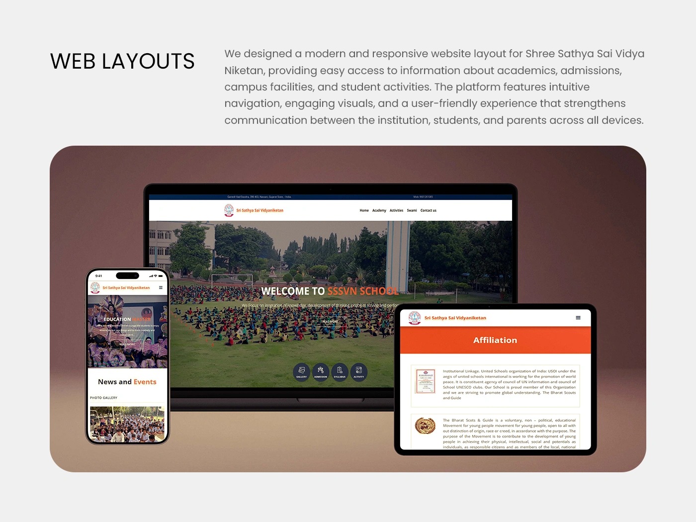 SSSVN School responsive website layout displayed on laptop, tablet, and smartphone