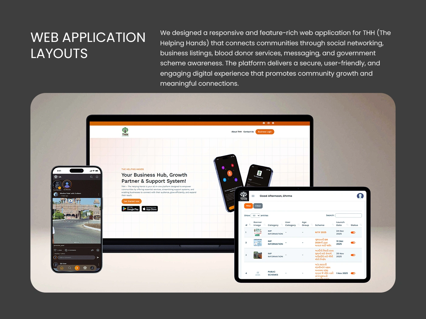 THH social networking feed showing user shared moments, images, likes, and comment layout